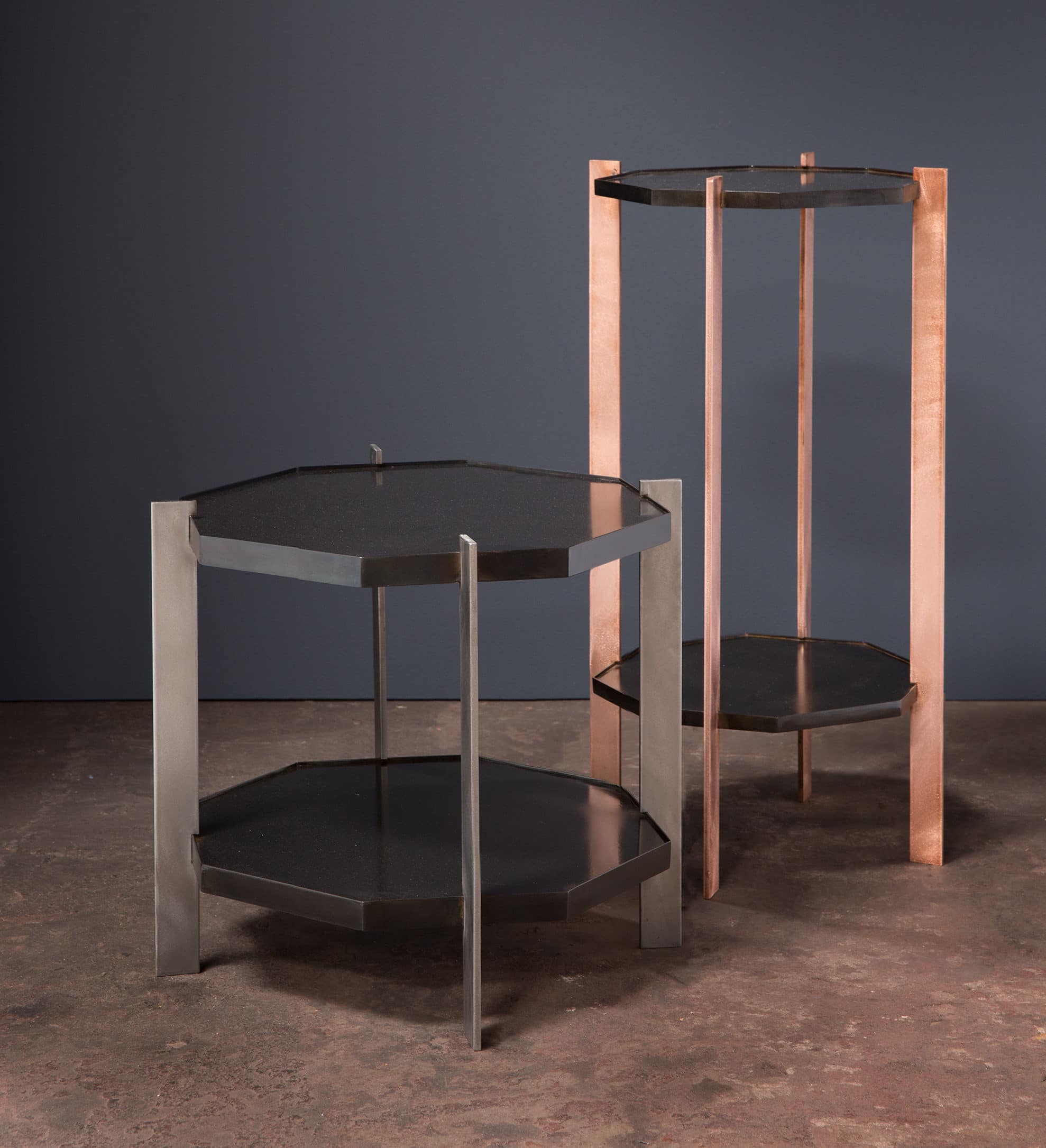 coffee tables copper and steel legs, metal work, metalworker, interior design